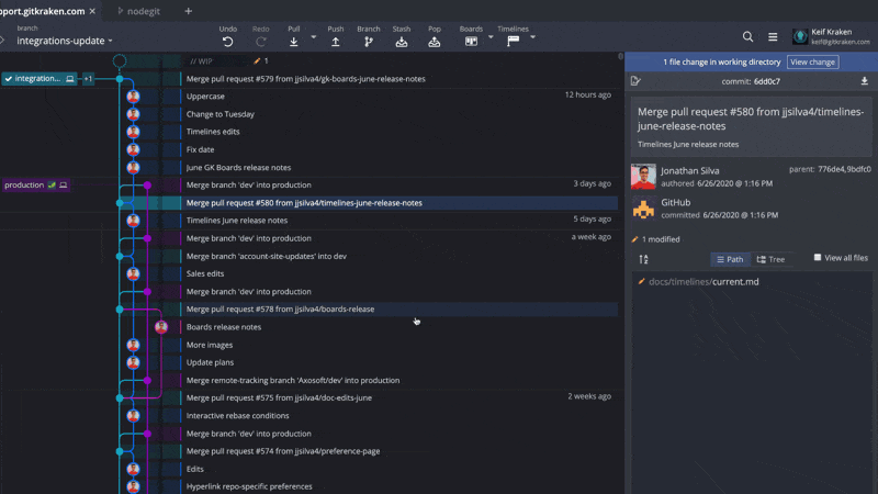 Animated walkthrough of a GitKraken commit review workflow. It begins with selecting a commit authored by Jonathan Silva in the commit history panel. The right panel displays 11 modified files, including docs/account/buy.md, faq.md, and several documentation images. The view then transitions into the diff view for buy.md. In the second frame, yellow arrows highlight lines added, such as updated registration links and new billing instructions. In the third frame, as the user scrolls, yellow arrows now indicate lines removed, including outdated account creation guidance and legacy notes, providing a clear view of the file’s before-and-after state.