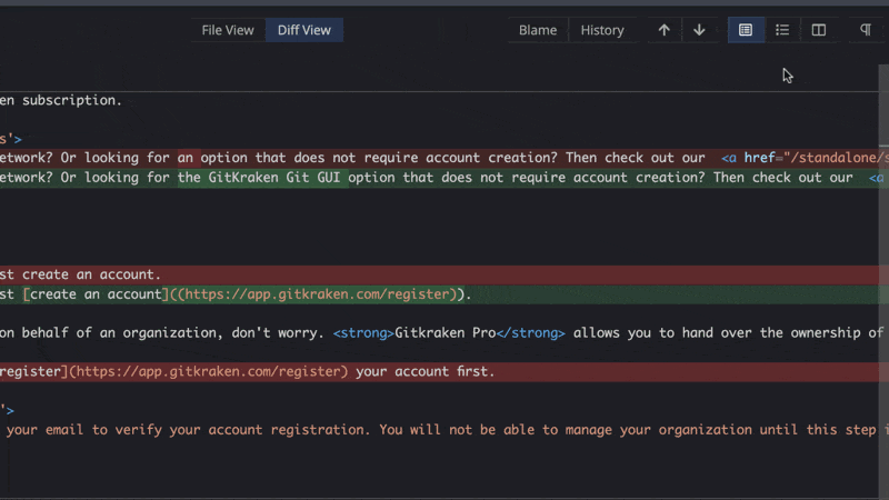 Side-by-side comparison of GitKraken’s diff views: The first frame shows an inline diff view highlighting added (green) and removed (red) lines within a single scrollable pane. The second frame shows split view, displaying original file contents on the left and updated contents on the right, clearly marking the differences between them. Both views highlight code changes made to a Markdown file, helping developers visualize edits.
