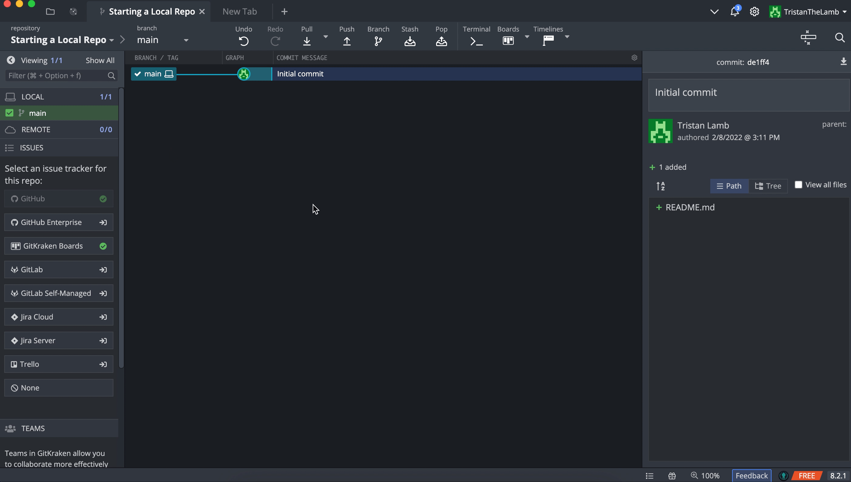 GitKraken Desktop interface showing the process of adding a remote for a local repository. The “Add Remote” panel is open with GitHub selected as the platform. The repository name is set to “Starting a Local Repo,” the remote name is “origin,” access is set to “Public,” and the user account is “TristanTheLamb.” A green button labeled “Create remote and push local refs” is at the bottom. The right side displays the initial commit with a single README.md file added.
